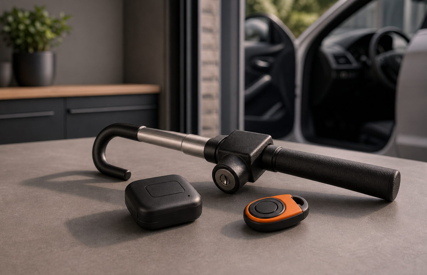 Keyless autosleutel en preventiemiddelen op tafel